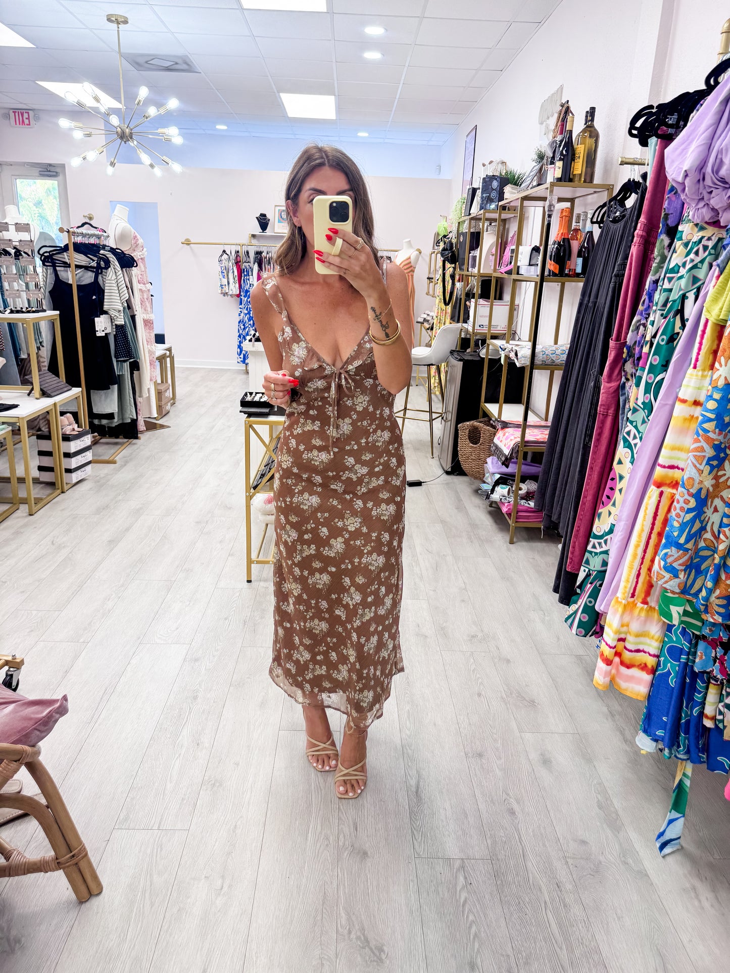 Brown Floral Ruffle Strap Midi Dress