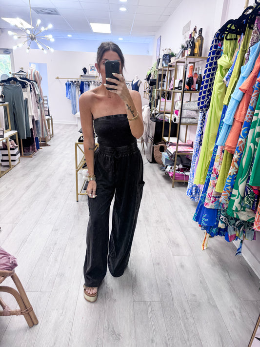 Black Mineral Wash Strapless Wide-Leg Jumpsuit