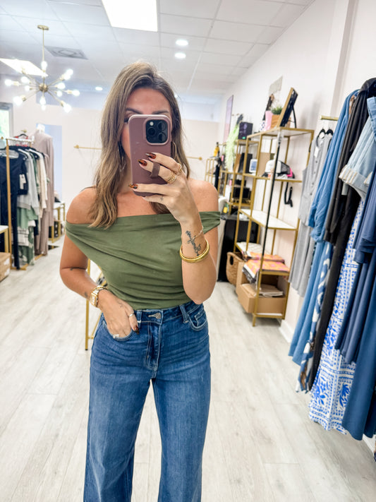 Olive On or Off Shoulder Ruched Top
