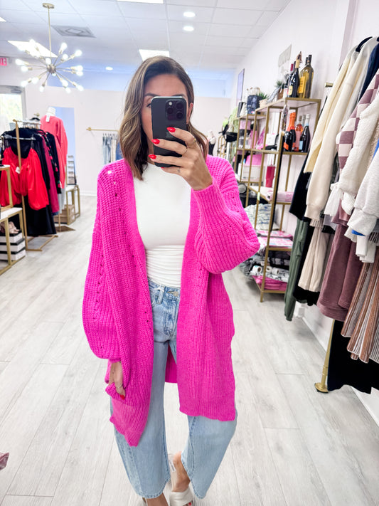Hot Pink Open Long Line Knit Cardigan