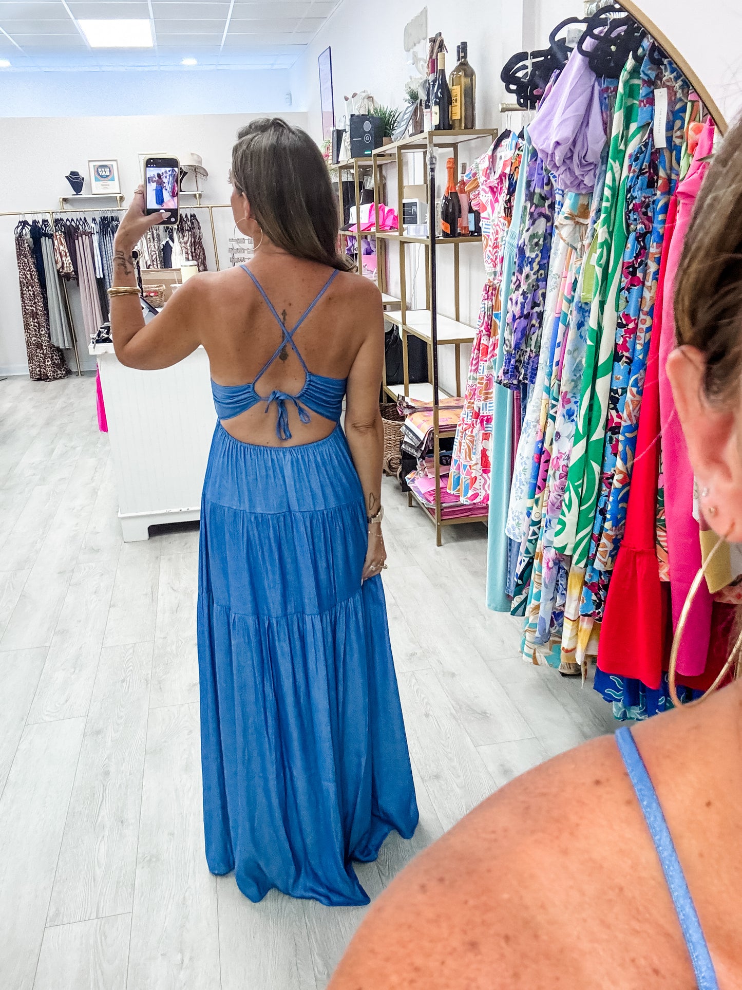 Chambray Drawstring Back Maxi Dress
