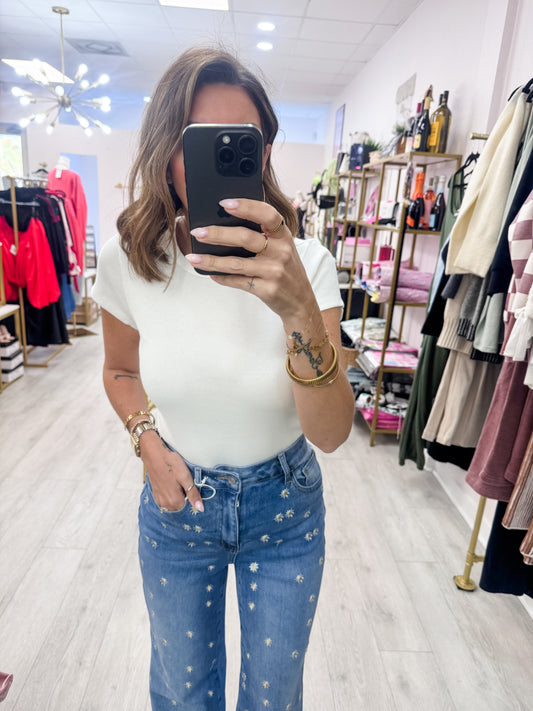 Off White Basic Ribbed Short Sleeve Top