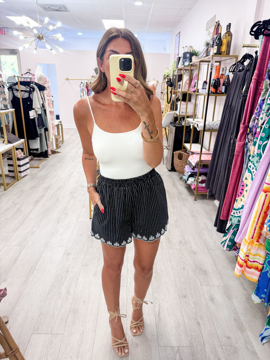 Black Striped Embroidered Shorts