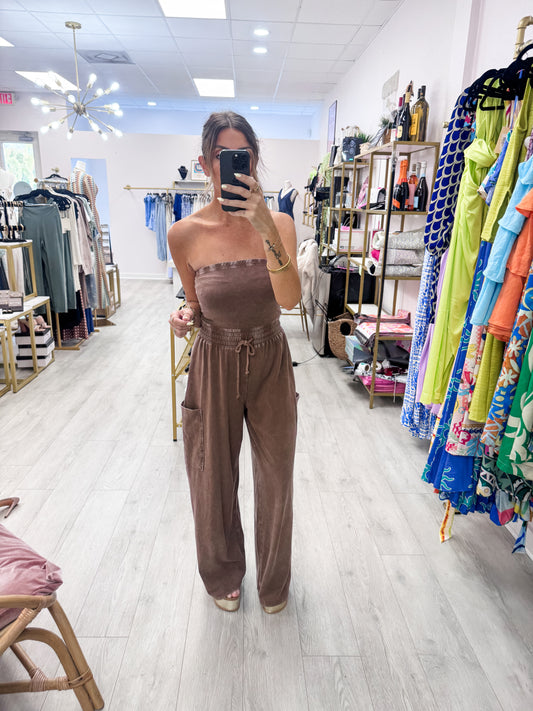 Chocolate Mineral Wash Strapless Wide-Leg Jumpsuit