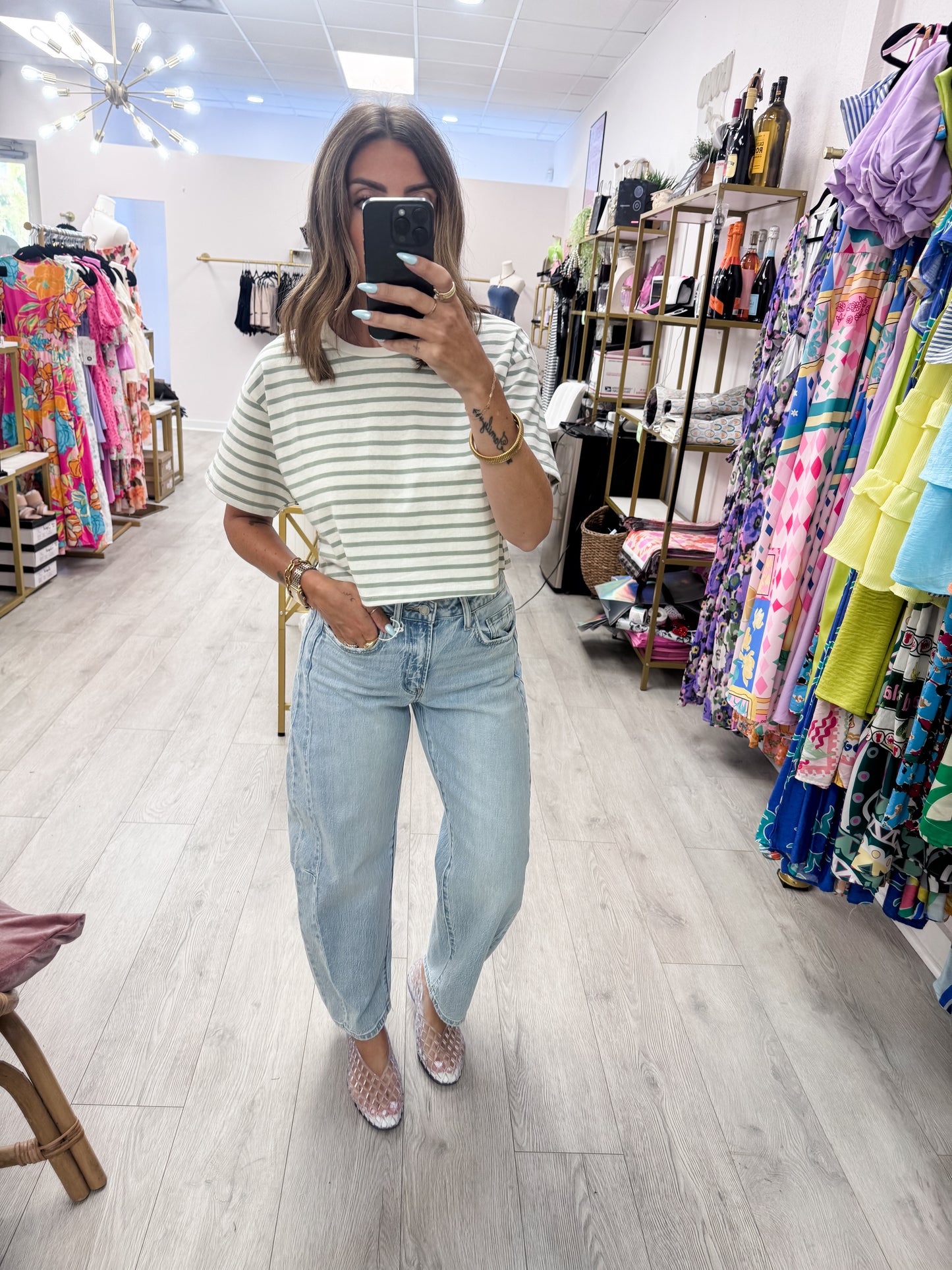 Sage Green Striped Oversized Short Sleeve Cropped Tee