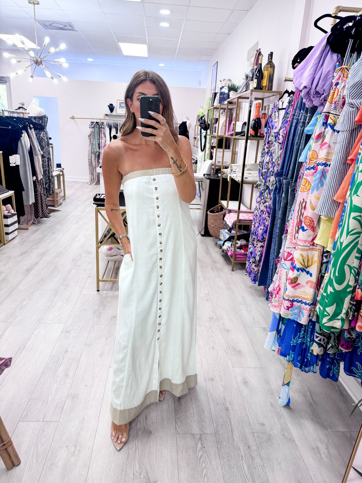 Off White Strapless Button-Front Maxi Dress