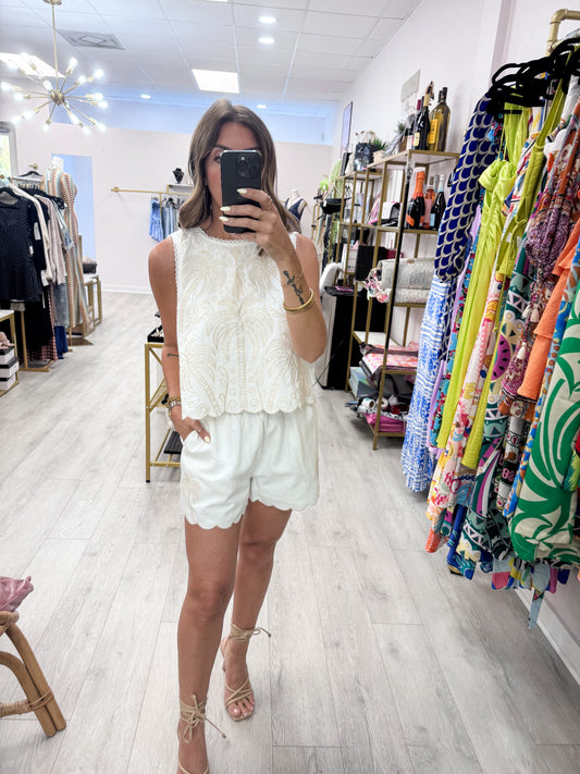Off White Embroidered Tank & Shorts Set