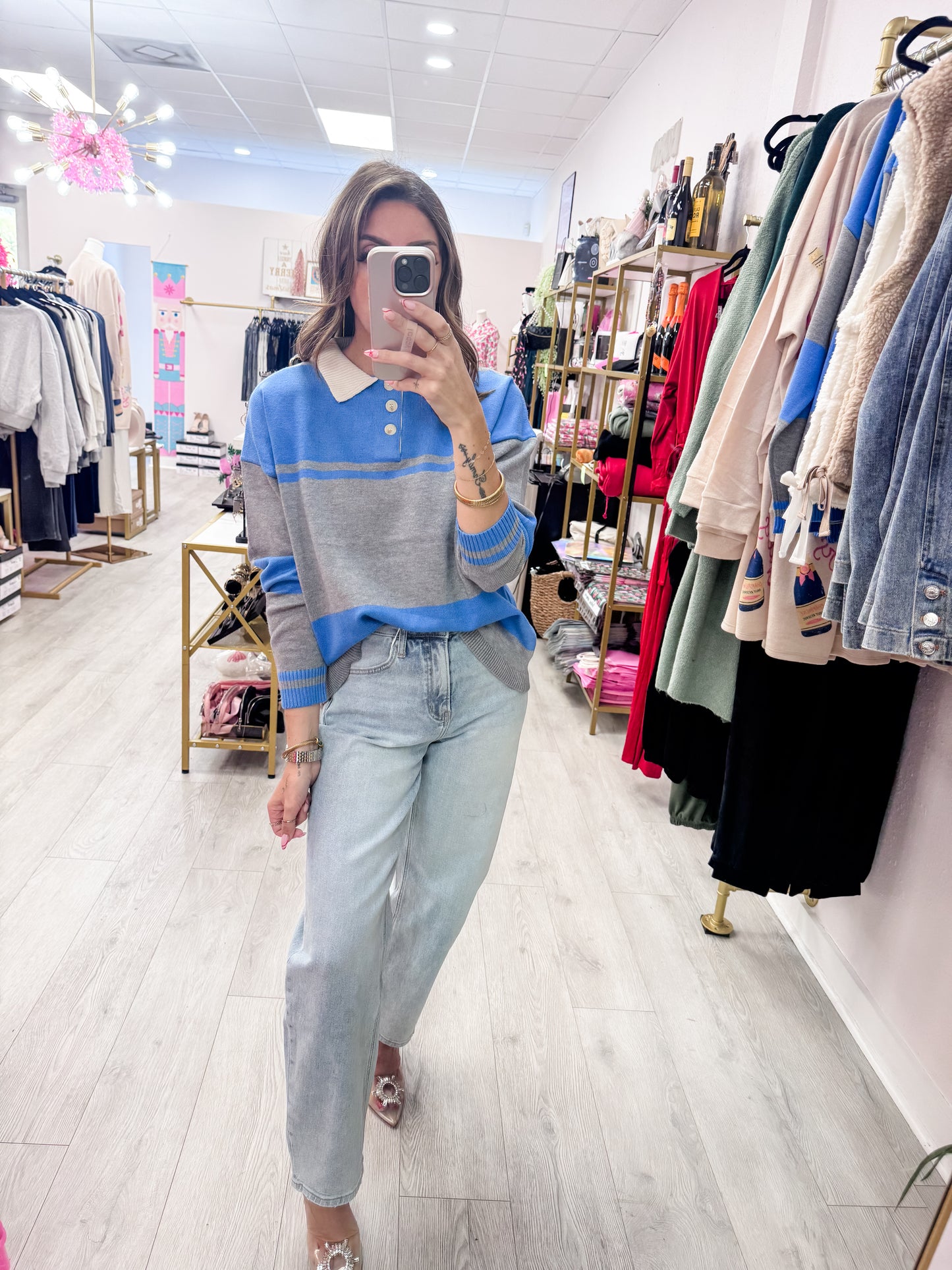 Gray & Blue Contrasting Striped Sweater With Polo Collar