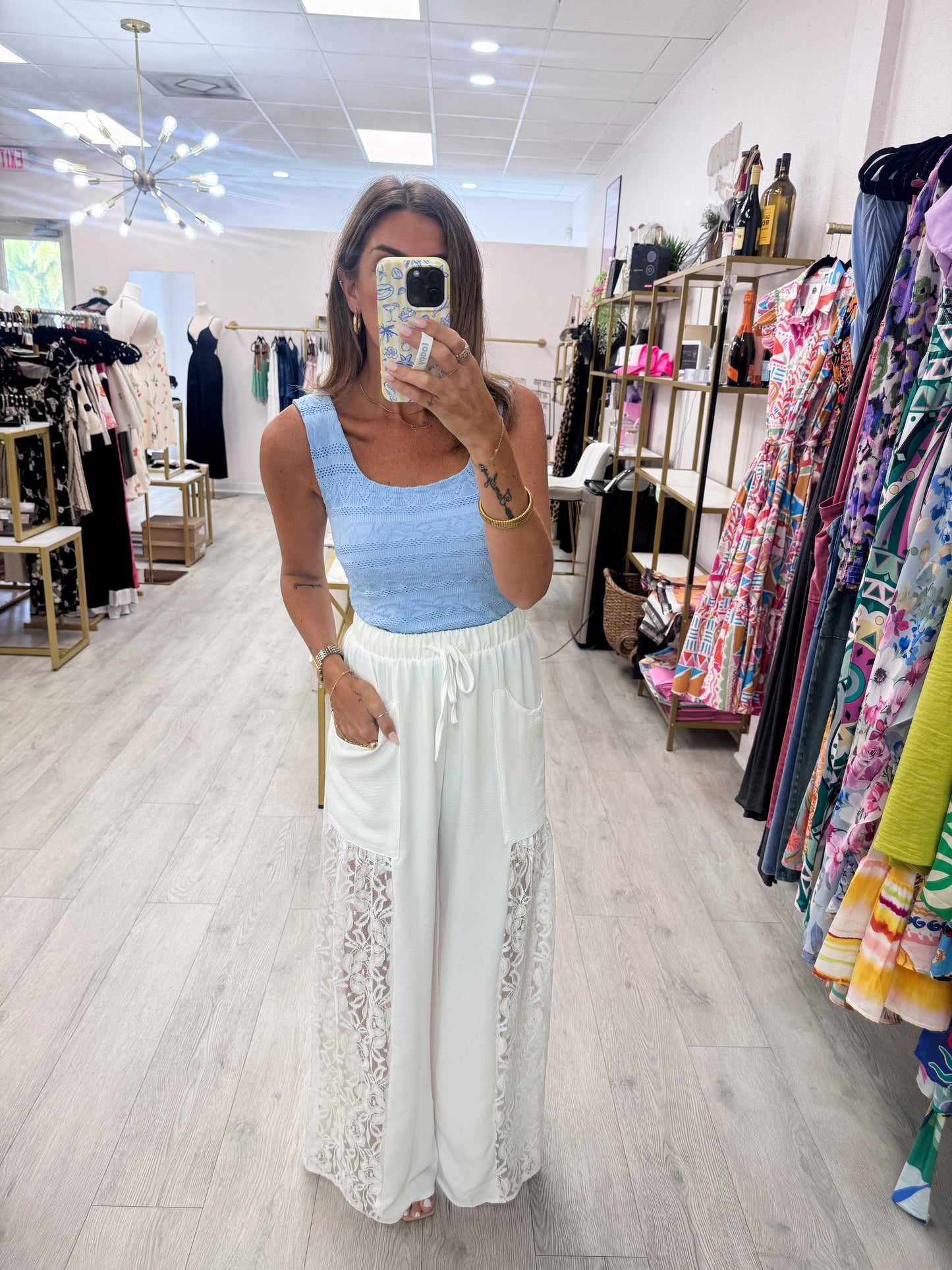 Serene Blue Lace Textured Square Tank Top