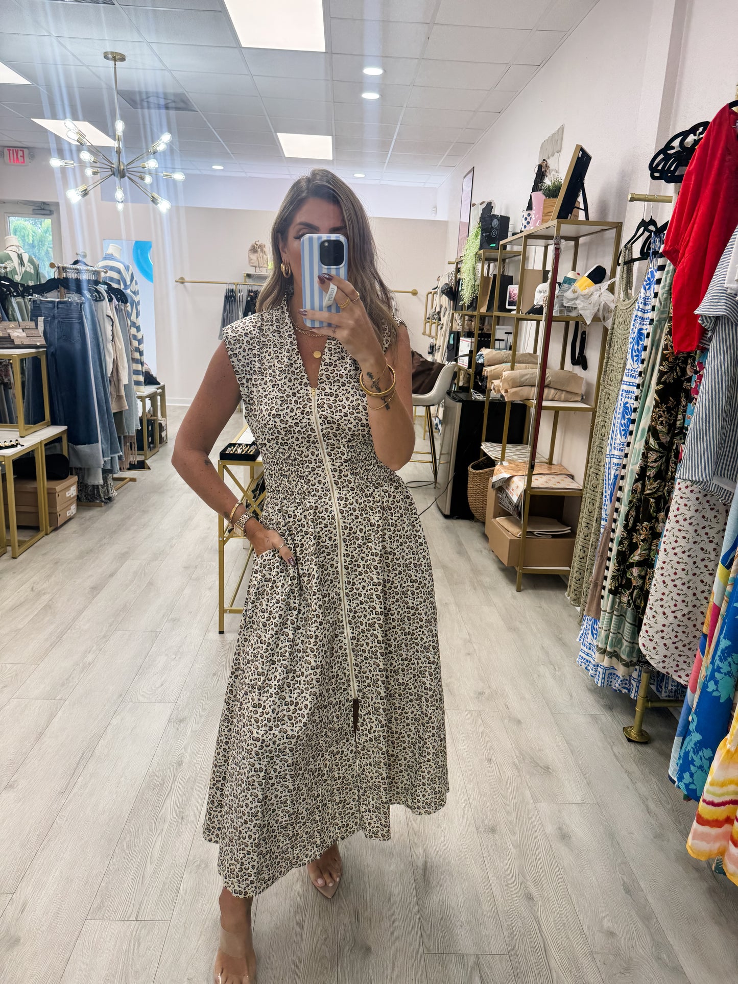 Zipper Leopard Midi Dress
