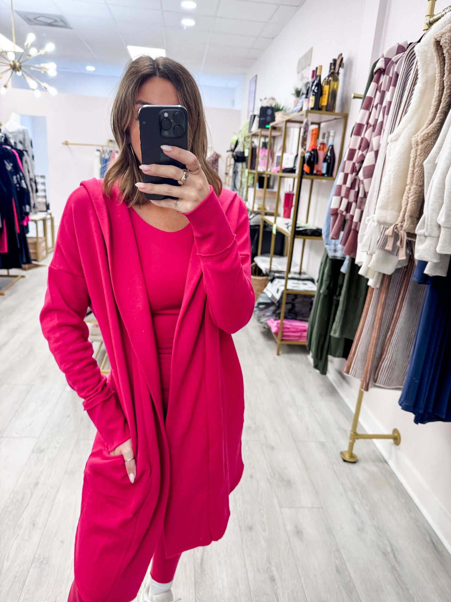 Plum Pink Longline Hooded Cardigan