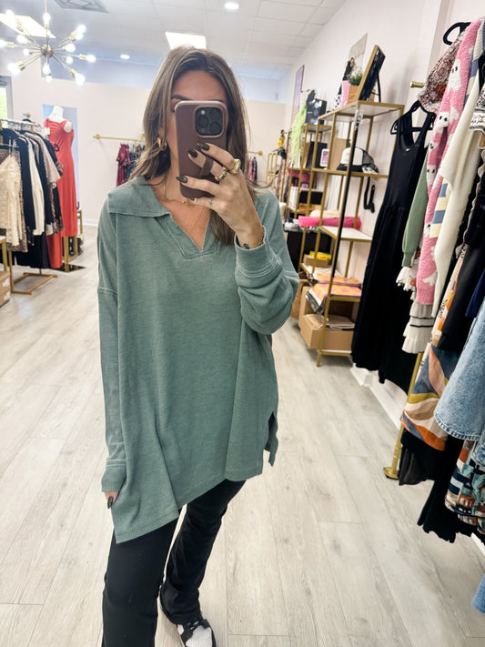 Silky Pine Cotton Blend Waffle Knit Oversized Long Sleeve Top