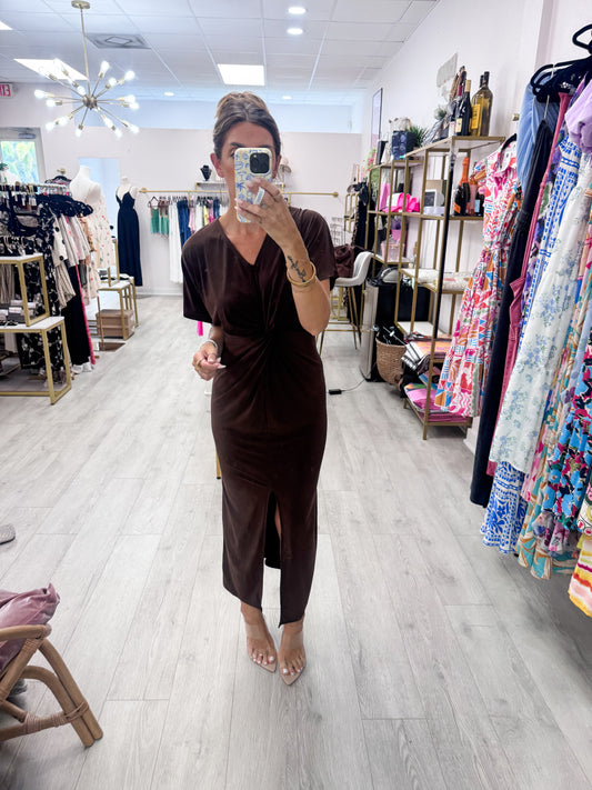 Brown Twist Front Maxi Dress