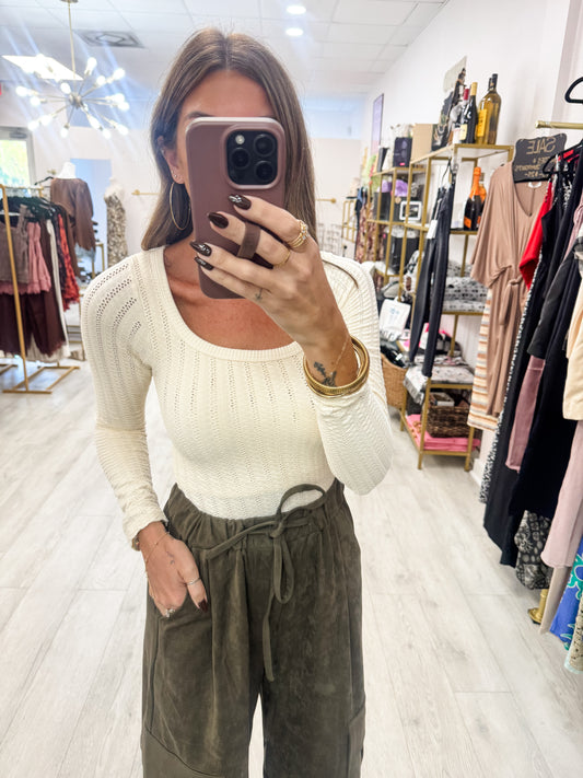 Cream Pointelle Stripe Scoop Neck