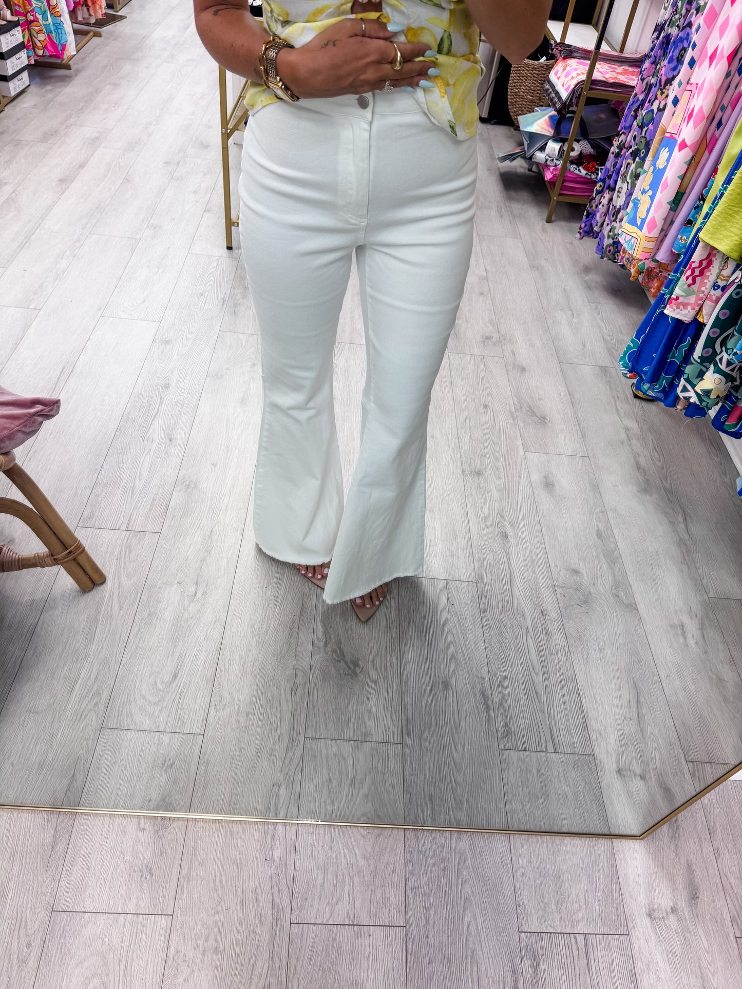 White Denim High-Waist  Washed Denim Flared Pants