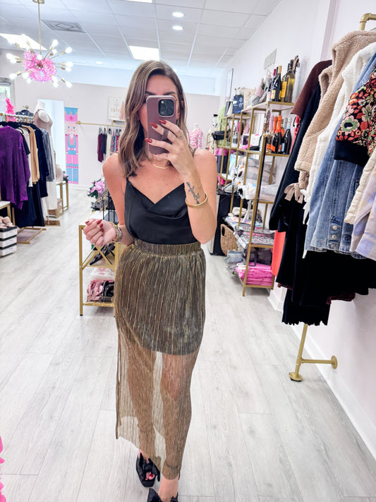 Metallic Pleated Side Slit Maxi Skirt