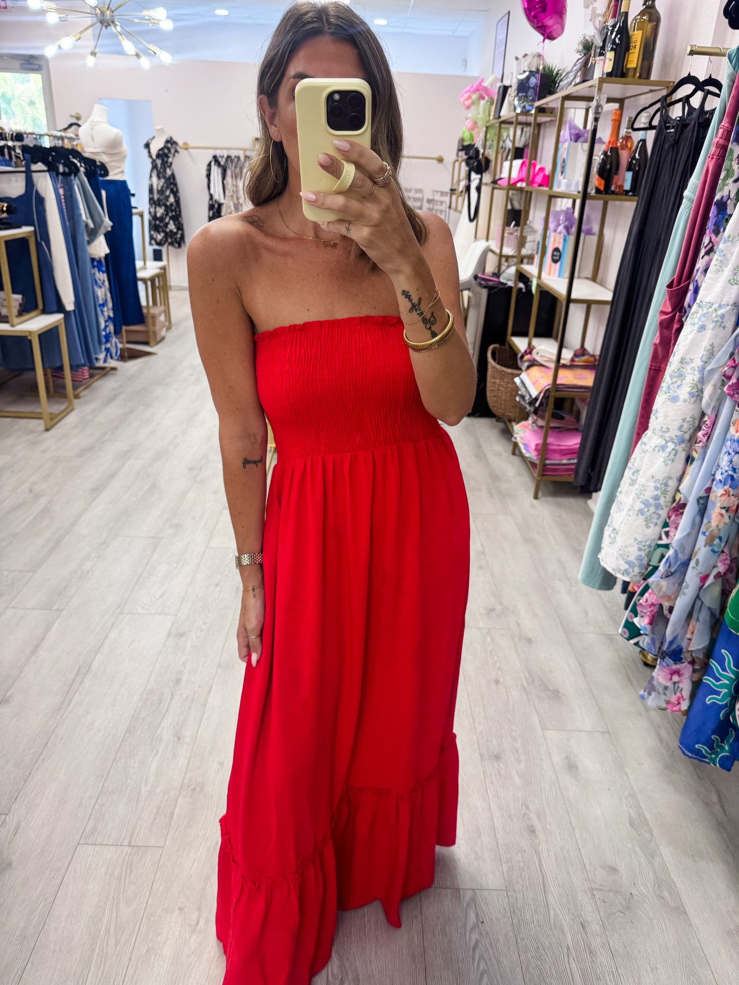 Red Strapless Boho Maxi Dress