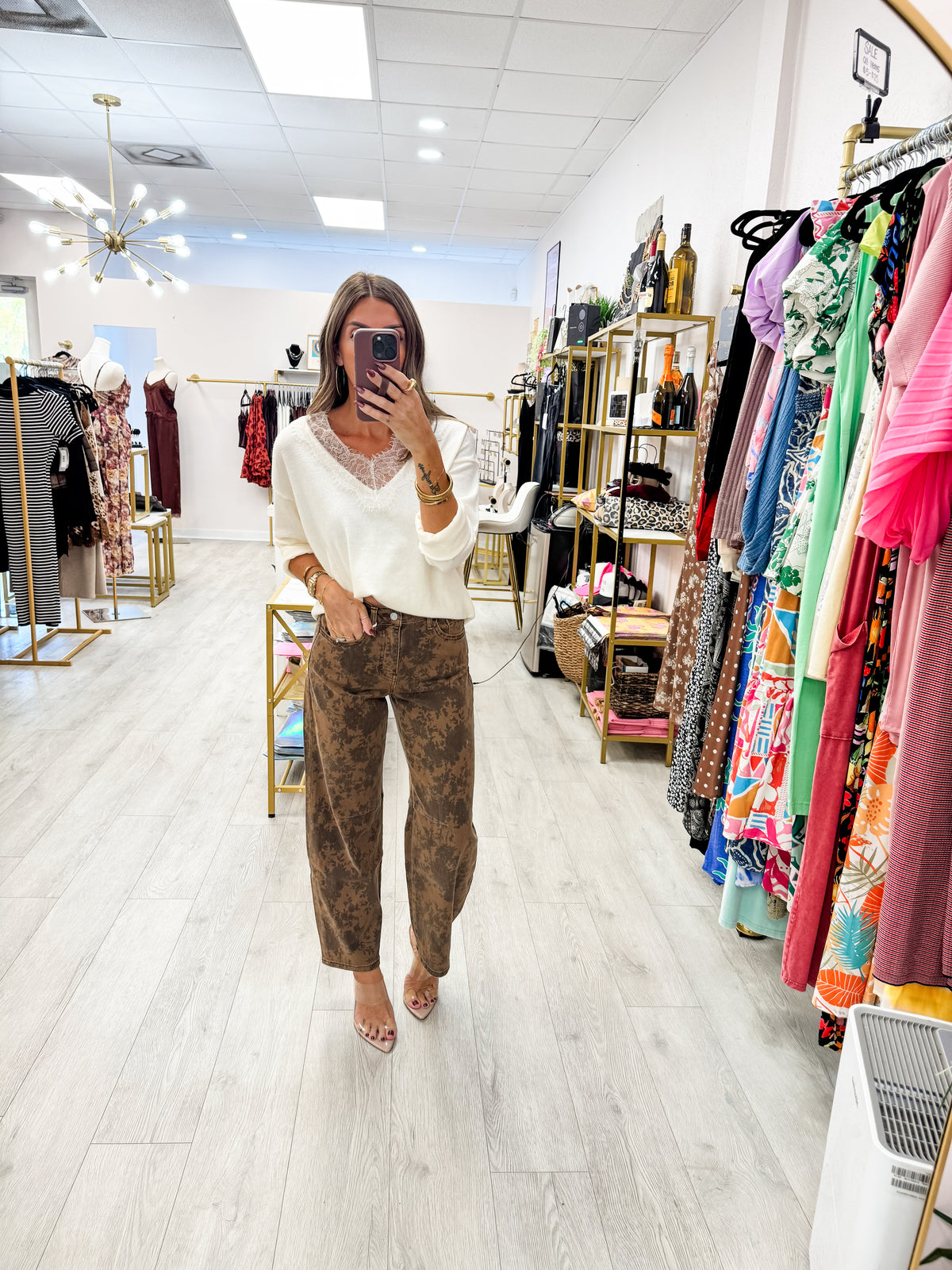 High Rise Brown Floral Vervet Denim