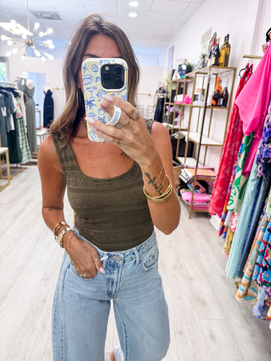 Earth Olive Lace Textured Square Tank Top