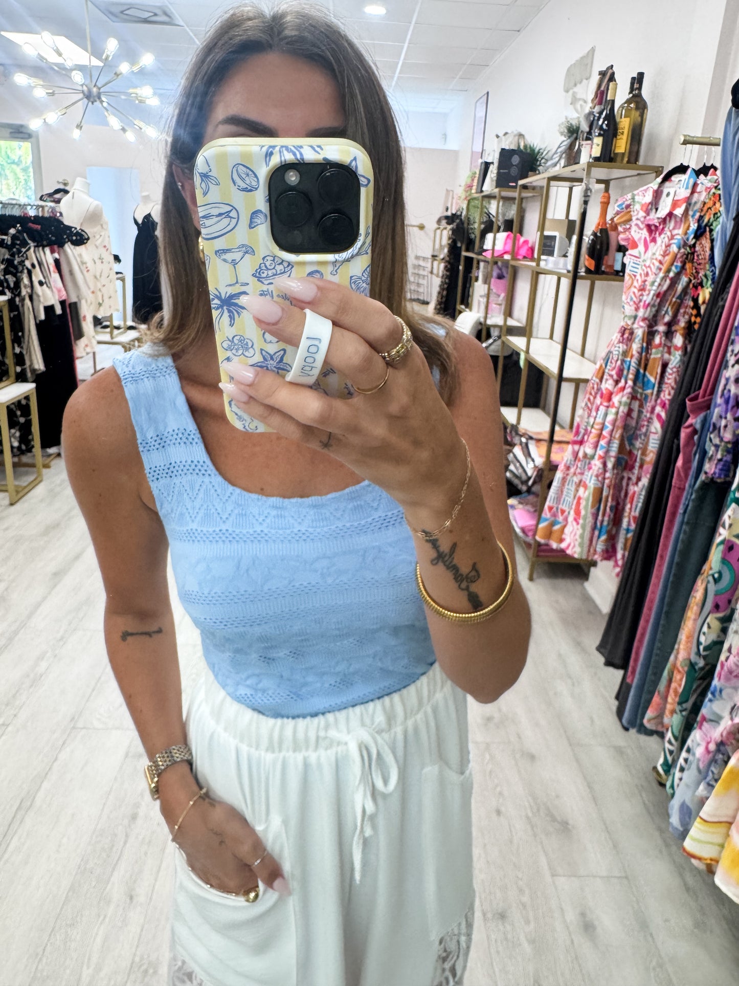 Serene Blue Lace Textured Square Tank Top
