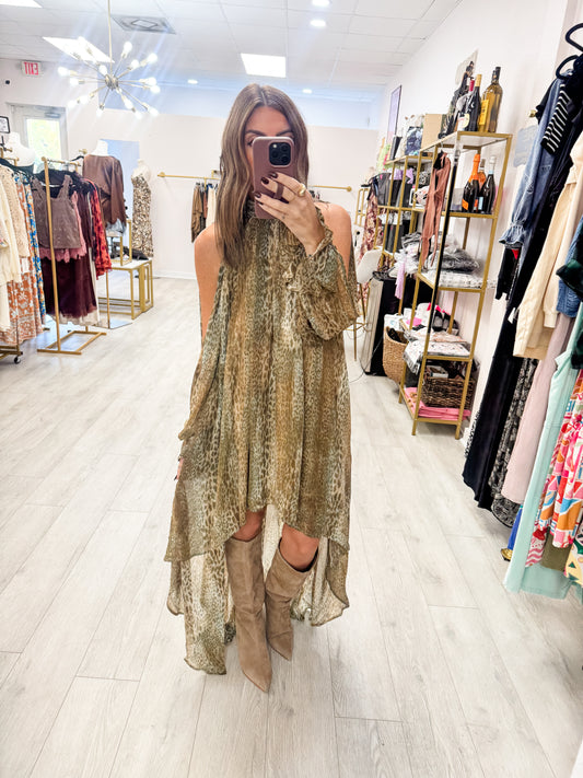 Olive Animal Print Sheer Chiffon High-Low Dress
