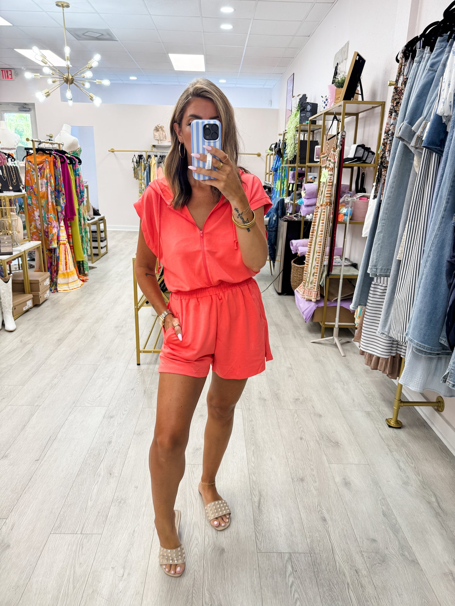 Coral Half Zip Romper