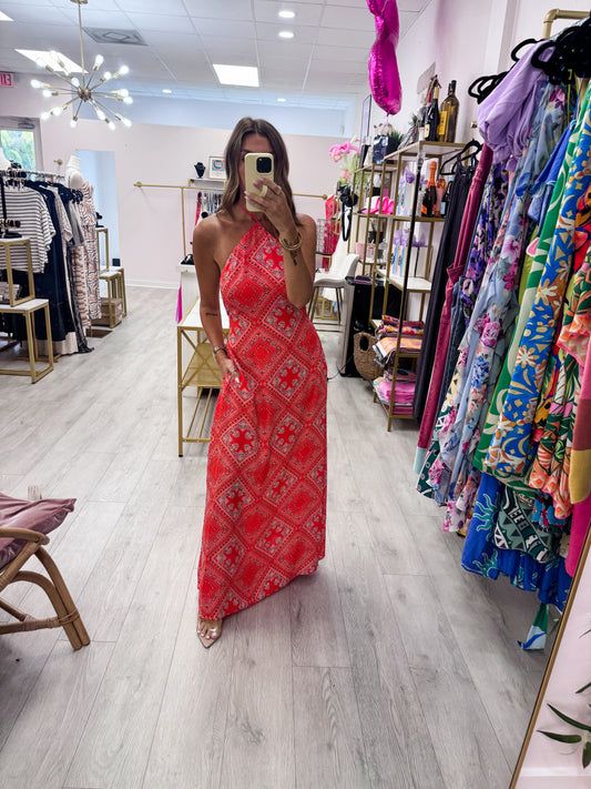 Red Bandana Print Halter Midi Dress