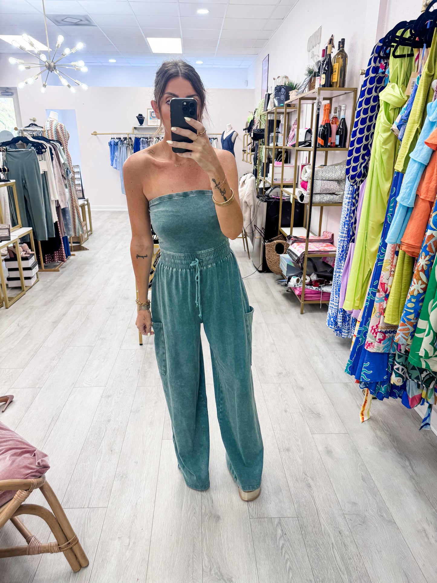 Dark Teal Mineral Wash Strapless Wide-Leg Jumpsuit