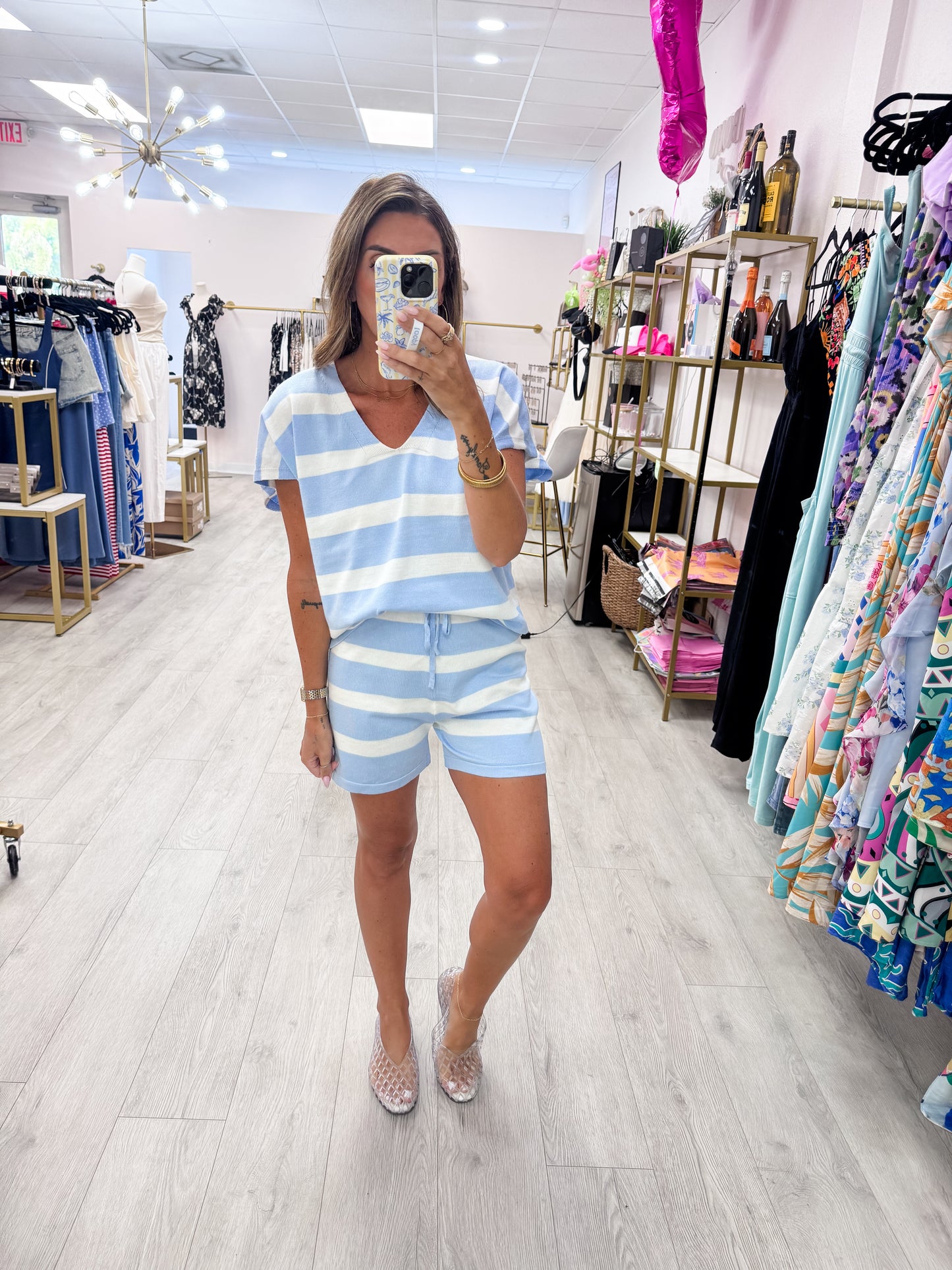 Blue V-Neck Top & Striped Shorts Set