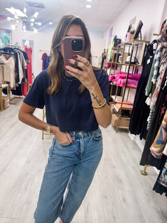 Navy Cotton Lycra Boxy Cropped Tee