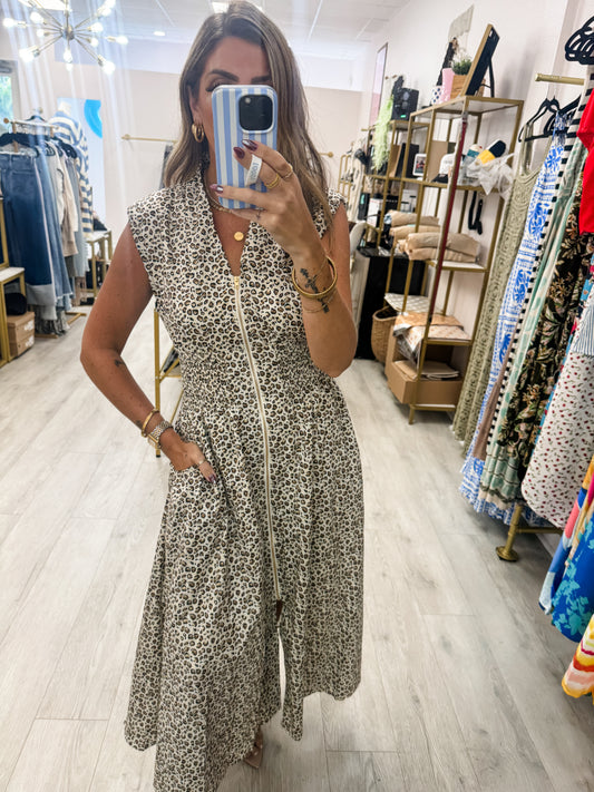 Zipper Leopard Midi Dress