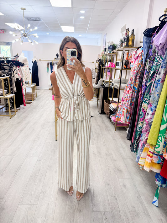 Beige Striped Top & Pants SET