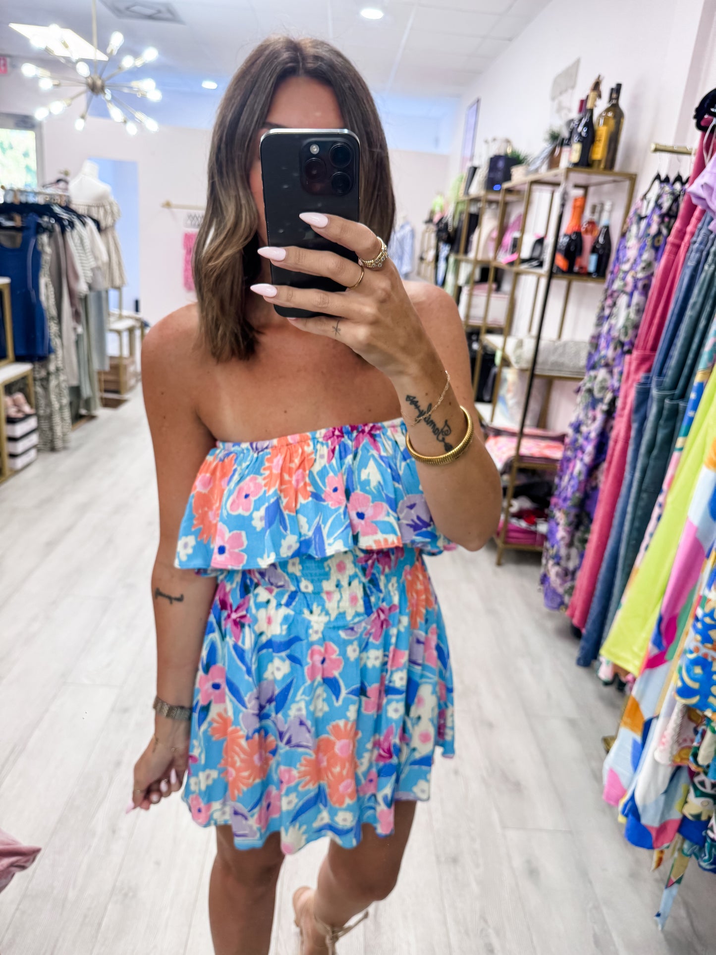 Blue Strapless Floral Rayon Crepe Romper