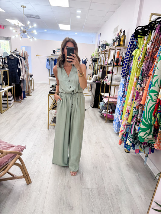 Sage Green Button Vest & Pants Set