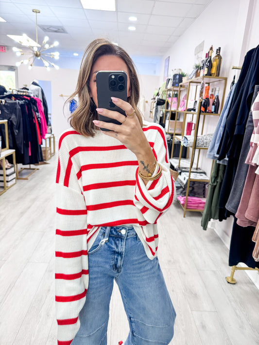 Red Lightweight Wide-Sleeve Striped Sweater