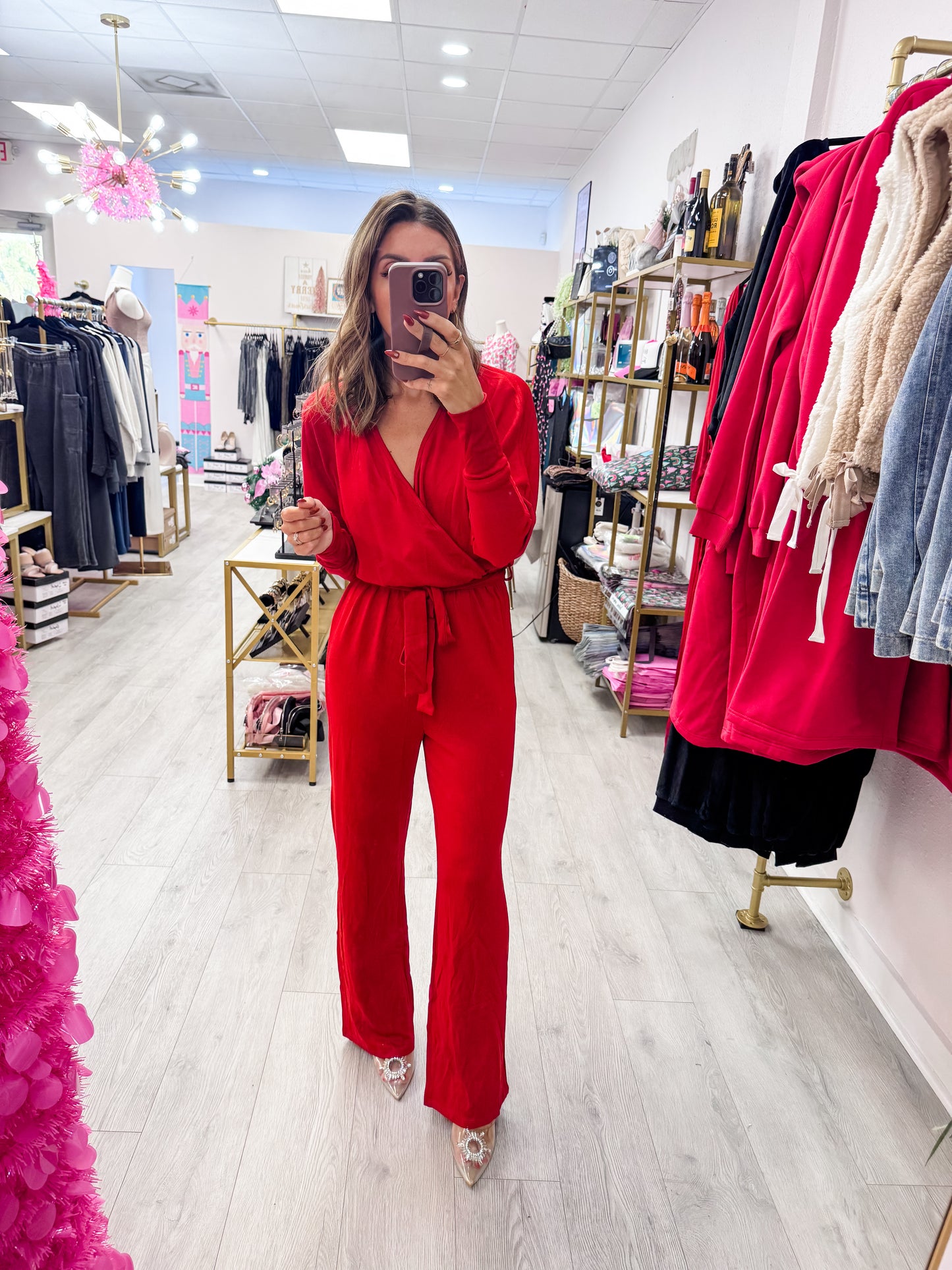 Red Surplice Tie-Belt Knit Jumpsuit:
