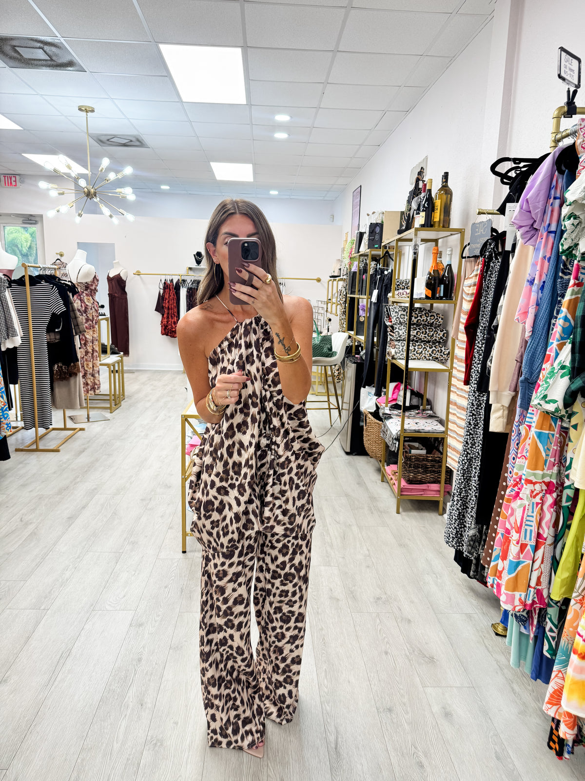 Leopard Drape Tunic Top and Wide Leg Pants Set