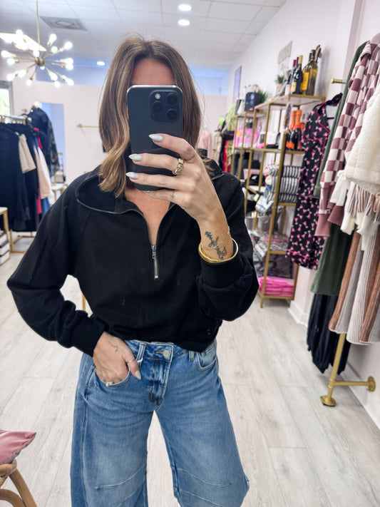 Black Soft Ribbed Half-Zip Long Sleeve Sweatshirt