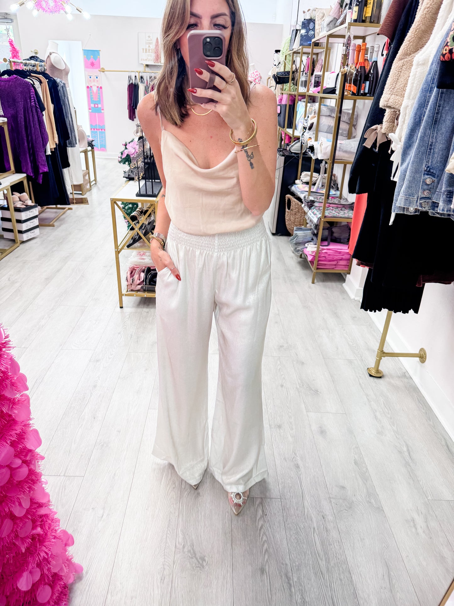 Champagne Foild Wide Leg Smocked Waist Pants