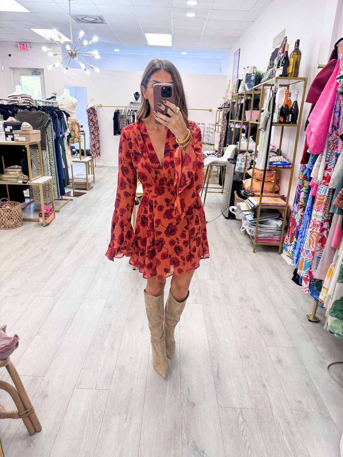 Red Rogue Floral Double Ruffled Sleeve Dress