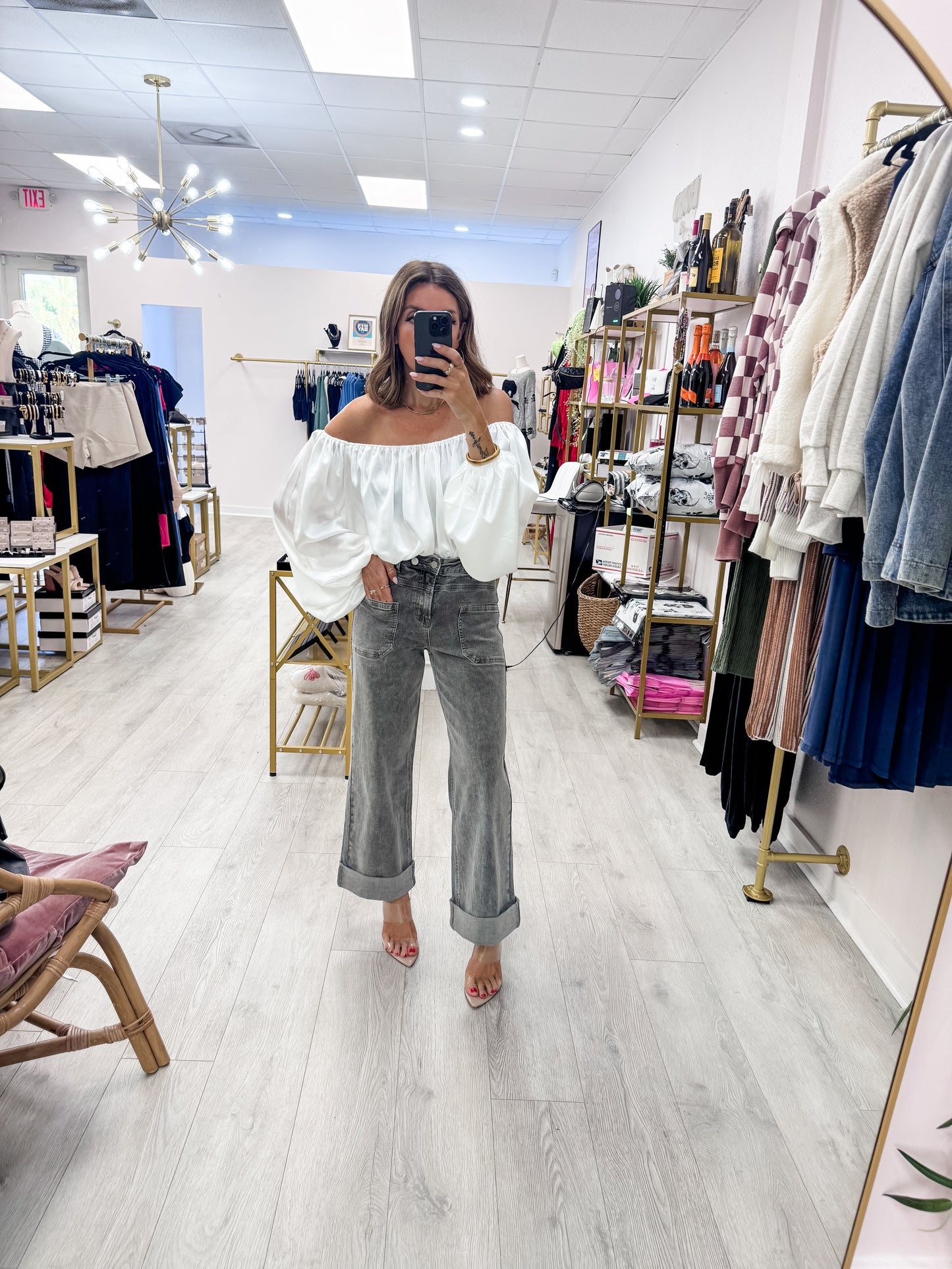 Gray Clover Front Pocket Denim