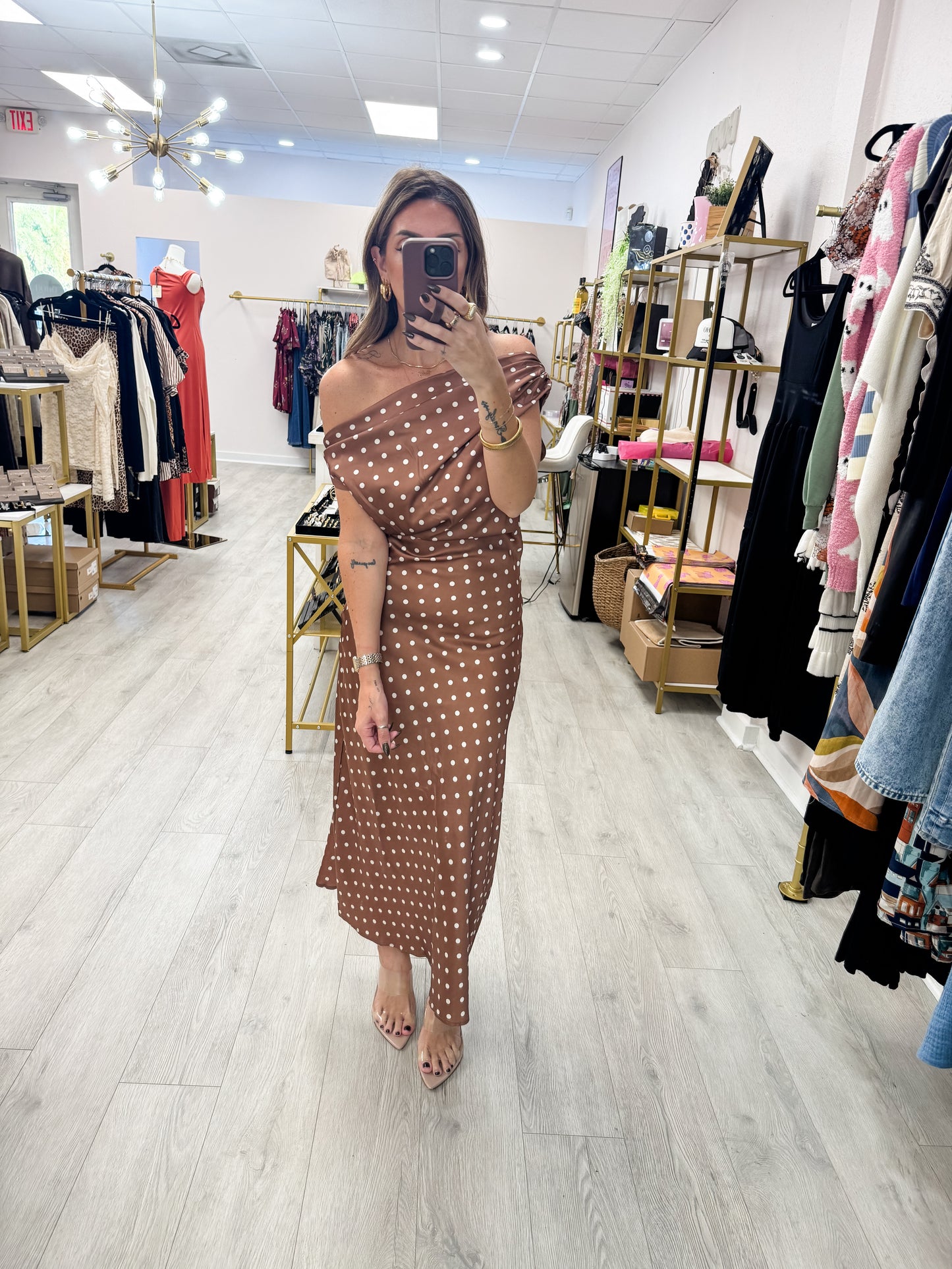 Satin Polka Dot Cowl Neck Maxi Dress