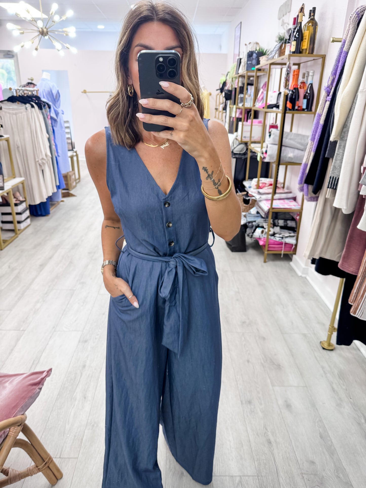 Ocean Current Button Down Sash Belt Jumpsuit