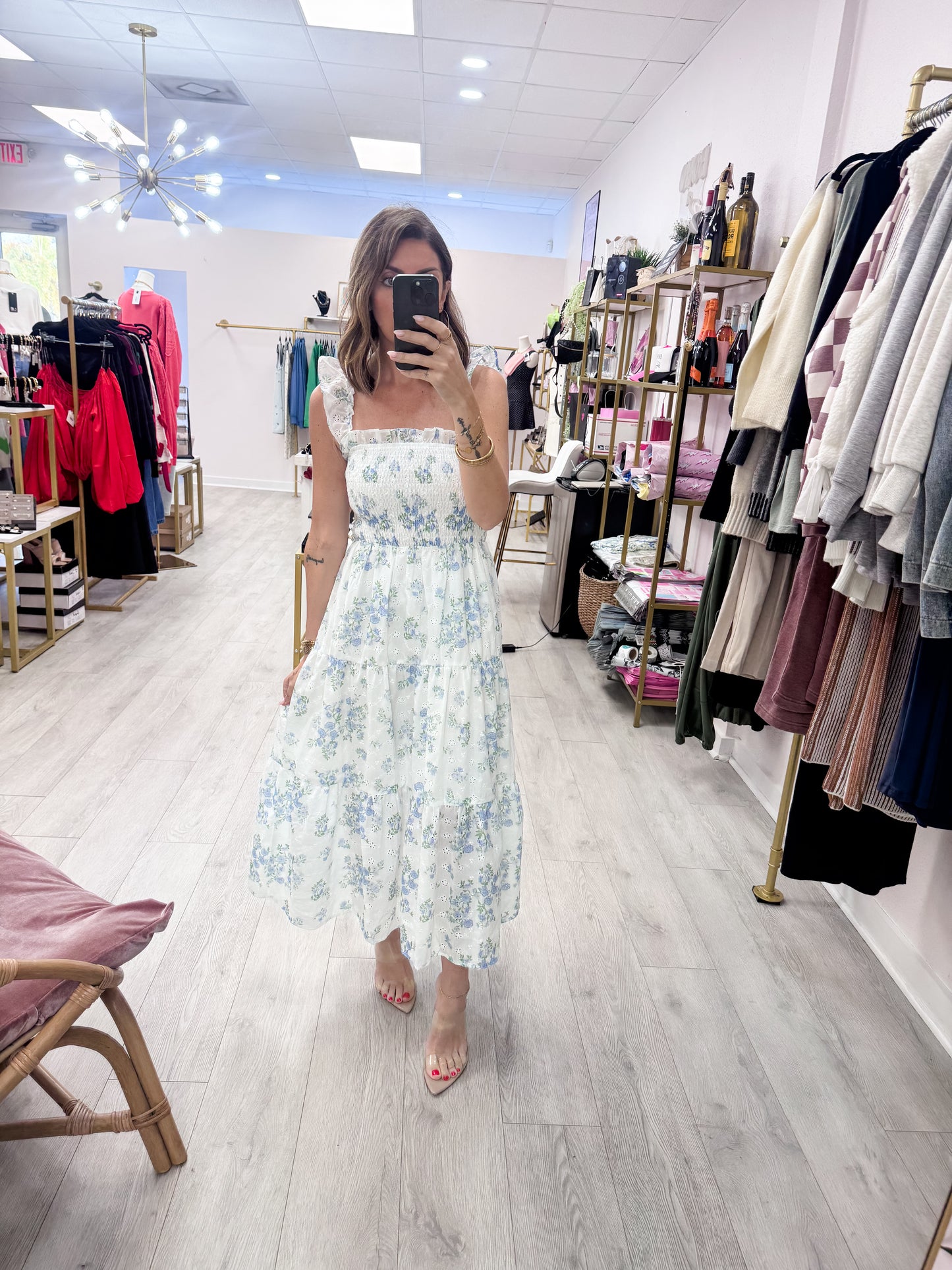 Blue Smocked Floral Ruffle Strap Dress