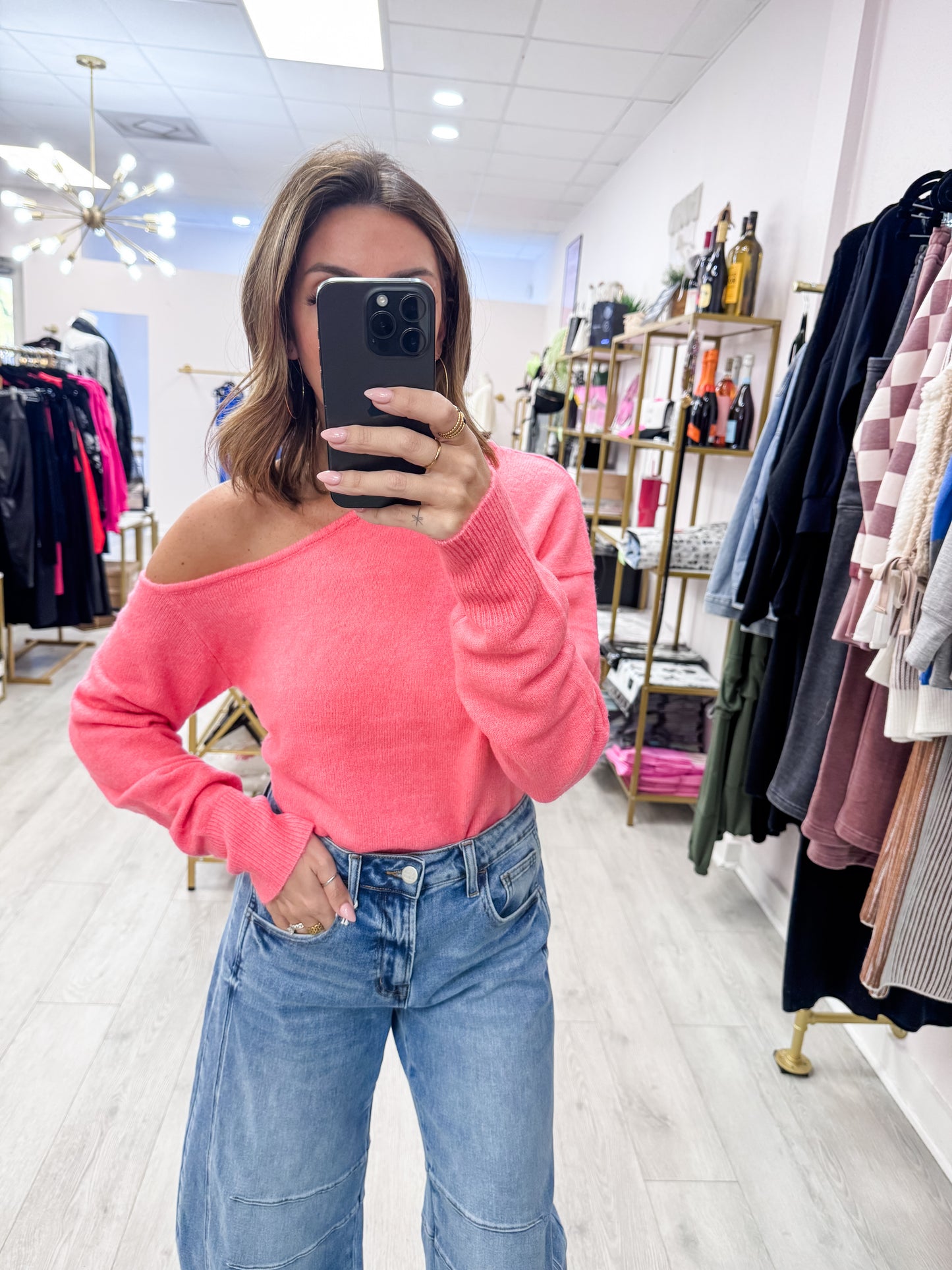 Taffy Pink Asymmetric Off-Shoulder Sweater