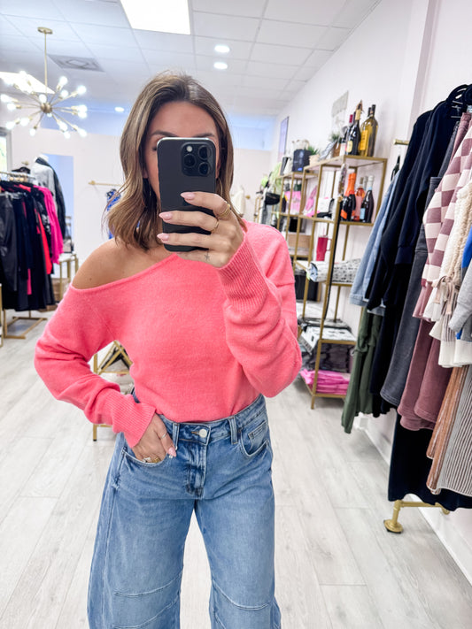 Taffy Pink Asymmetric Off-Shoulder Sweater