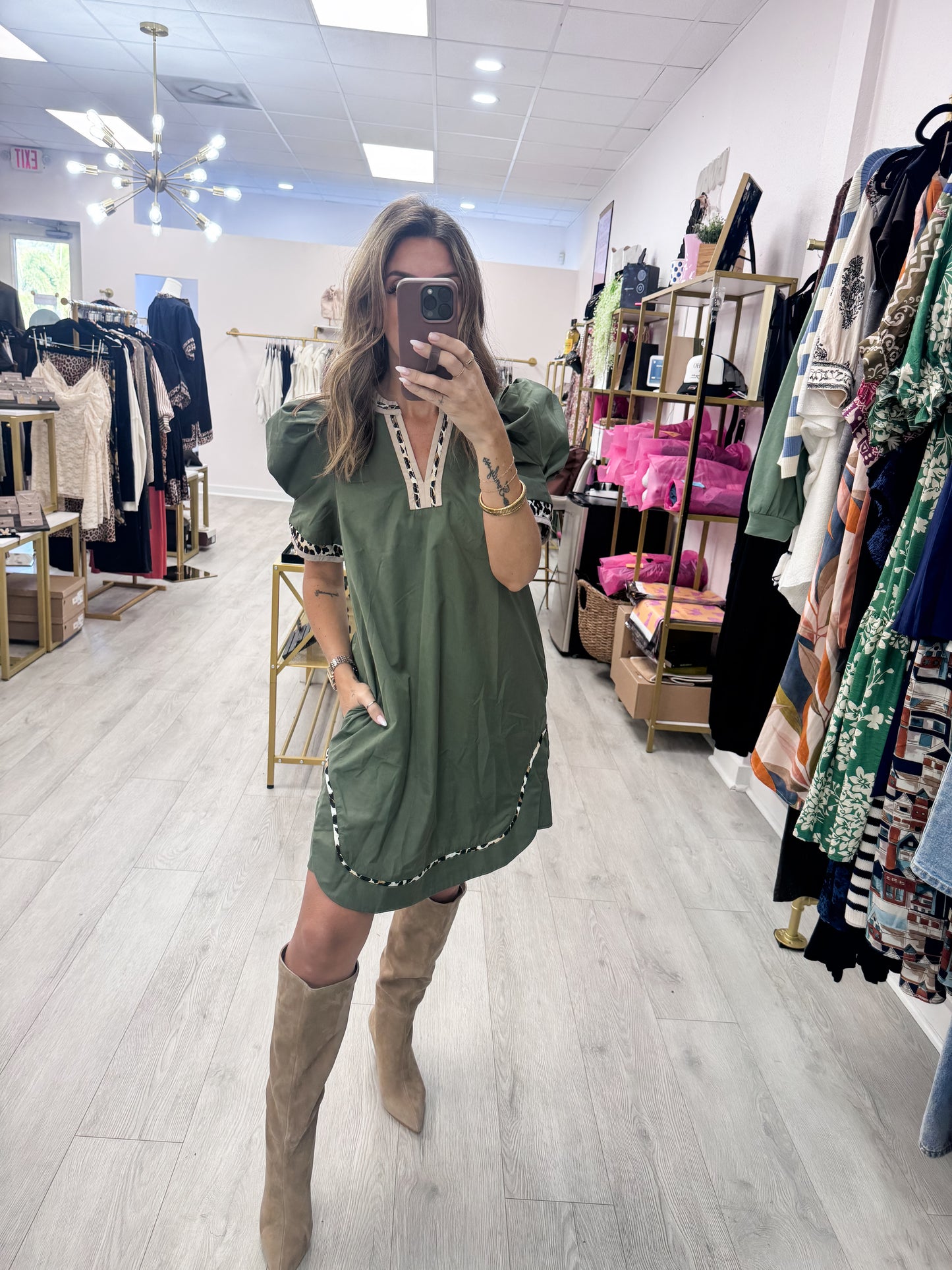 Olive Dress with Leopard Trim