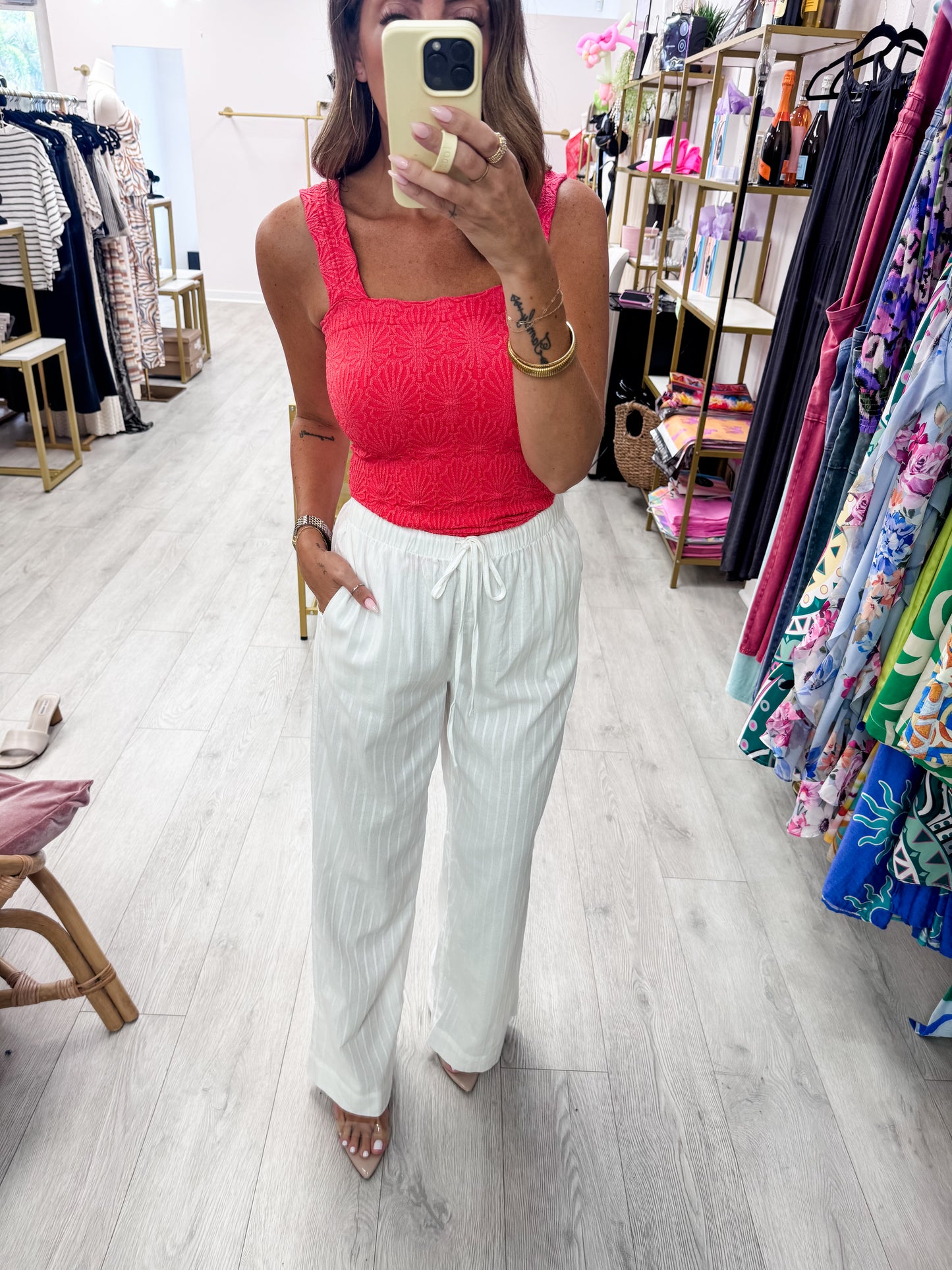 White Jacquard Drawstring Pants