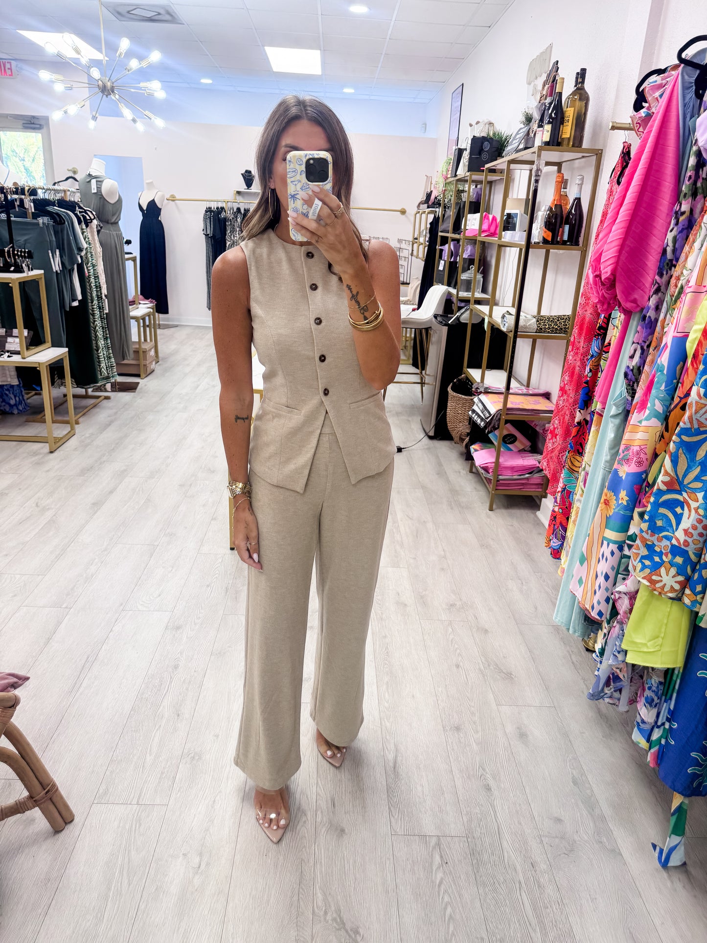 Taupe Button-Up Vest And Pant Set