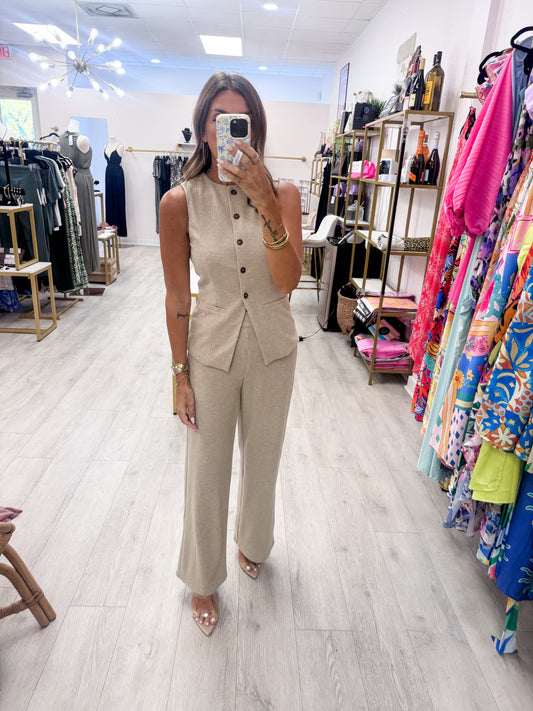 Taupe Button-Up Vest And Pant Set